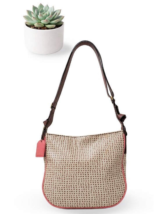 Fossil Handbags - Fossil Issue No 1954 Polka Dot Coated Canvas Crossbody Bag Coral Tan Vintage